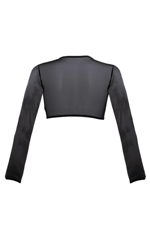 Crop T-Shirt Long Sleeve Stretch Mesh with Crystals  / BLACK - EXES LINGERIE