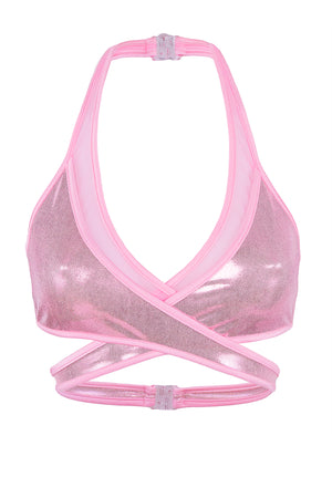 Cross-Over Halter Holographic Crop top / X-CROSS TOP / HOLO BABY PINK,TOPS - EXES LINGERIE