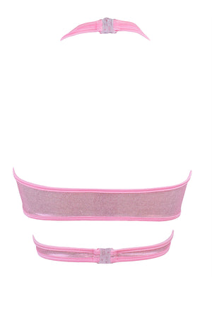 Cross-Over Halter Holographic Crop top / X-CROSS TOP / HOLO BABY PINK,TOPS - EXES LINGERIE