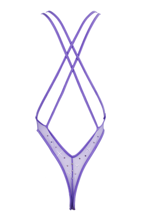 High Cut sheer Mesh Bodysuit SKINNY CRYSTALS  / Sexy Lingerie Sheer Mesh / LILAC,BODYSUITS - EXES LINGERIE
