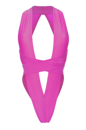 CRISS CROSS Bondage High-Cut Bodysuit / Festival Bodysuit / NEON PINK,BODYSUITS - EXES LINGERIE