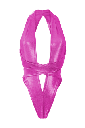 CRISS CROSS Hologram Bondage Bodysuit / RAVE Bodysuit / NEON PINK - EXES LINGERIE