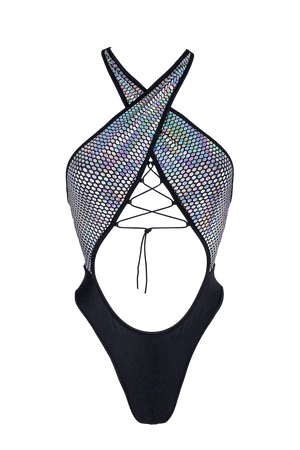 Criss-Cross Halter  Holographic One Piece / ANASTASIA PRISMA BODYSUIT - EXES LINGERIE