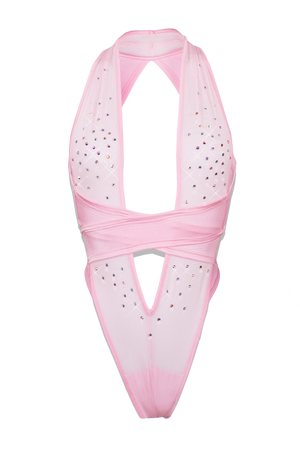 CRISS CROSS Mesh Crystals Bodysuit / Sexy lingerie / BABY PINK,BODYSUITS - EXES LINGERIE