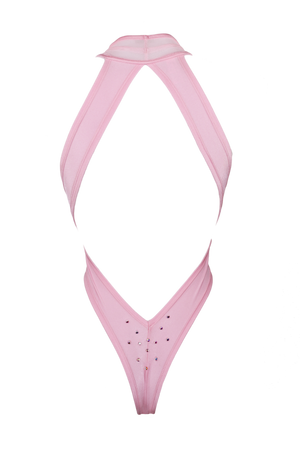 CRISS CROSS Mesh Crystals Bodysuit / Sexy lingerie / BABY PINK,BODYSUITS - EXES LINGERIE
