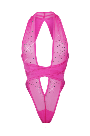 CRISS CROSS Mesh Crystals Bodysuit / Sexy lingerie / NEON PINK - EXES LINGERIE
