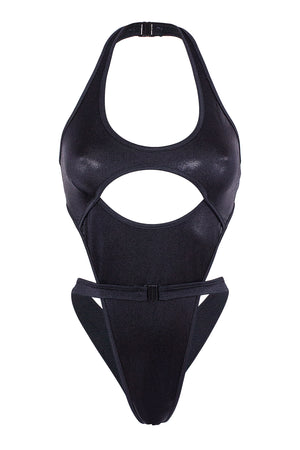 Cut-out front Wrap tie holographic bodysuit/ NINA BLACK HOLO,BODYSUITS - EXES LINGERIE