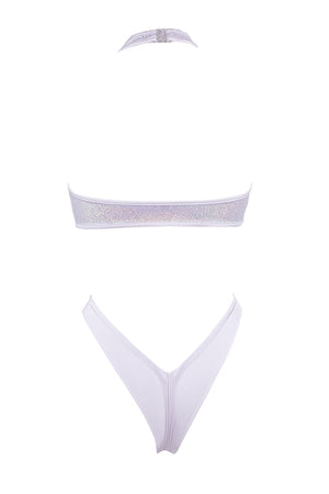 Cut-out front Wrap tie holographic bodysuit/ NINA WHITE HOLO,BODYSUITS - EXES LINGERIE