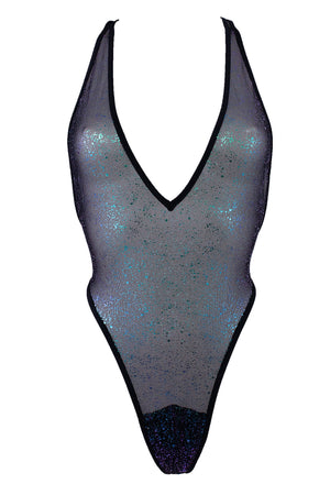 High Cut sheer Holographique Mesh Bodysuit SKINNY / Sexy Lingerie  / BLACK,BODYSUITS - EXES LINGERIE