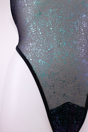 High Cut sheer Holographique Mesh Bodysuit SKINNY / Sexy Lingerie  / BLACK,BODYSUITS - EXES LINGERIE