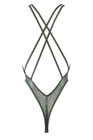 High Cut sheer Holographique Mesh Bodysuit SKINNY / Sexy Lingerie  / KHAKI,BODYSUITS - EXES LINGERIE