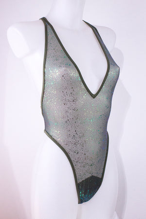 High Cut sheer Holographique Mesh Bodysuit SKINNY / Sexy Lingerie  / KHAKI,BODYSUITS - EXES LINGERIE