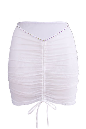 Rhinestones Mesh Skirt Cover-up / Drawstring front Ruched Skirt / Crystals RUCHED WHITE,SKIRTS & PANTS - EXES LINGERIE