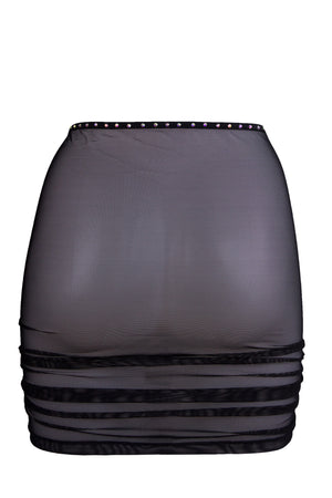 Rhinestone Mesh Skirt Cover-up / Drawstring Ruched Skirt / Crystals RUCHED BLACK,SKIRTS & PANTS - EXES LINGERIE