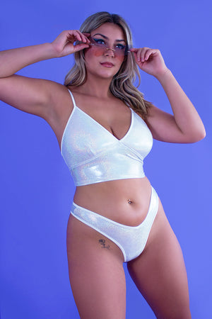 High-Cut Rave Holographic Bottom / LULY Holo White,BOTTOMS - EXES LINGERIE