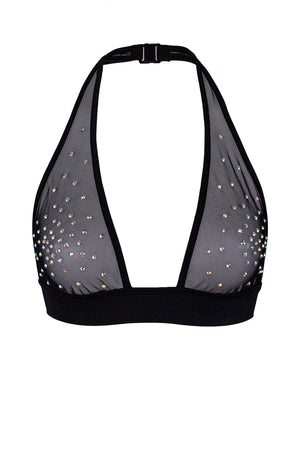 Halter sheer Mesh Crop Top with Crystals / TOP ALEX BLACK,TOPS - EXES LINGERIE