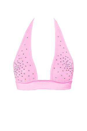 Halter Sheer mesh Crop Top / Crystals Bralette / TOP ALEX BABY PINK,TOPS - EXES LINGERIE