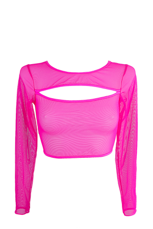Crop Top Slit front Long sleeve Mesh T-Shirt / NEON PINK NAUTICA - EXES LINGERIE