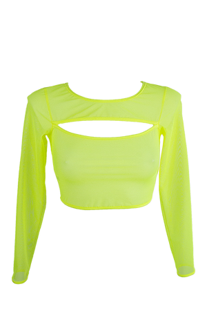 Crop Top Slit front Long sleeve Mesh T-Shirt / NEON YELLOW NAUTICA - EXES LINGERIE