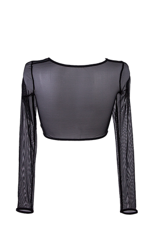 Crop Top Slit front Long sleeve Mesh T-Shirt / BLACK MESH NAUTICA - EXES LINGERIE