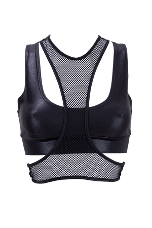 Layered Crop Top Set / Hologram with Fishnet top overlay / DOUBLE TOP BLACK - EXES LINGERIE