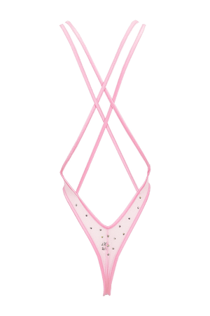 High Cut Bodysuit  SKINNY CRYSTAL  / Sexy Lingerie Sheer Mesh / BABY PINK - EXES LINGERIE