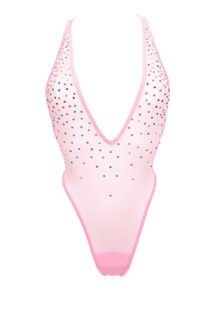 High Cut Bodysuit  SKINNY CRYSTAL  / Sexy Lingerie Sheer Mesh / BABY PINK - EXES LINGERIE