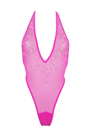 High Cut Bodysuit  SKINNY CRYSTAL  / Sexy Lingerie Sheer Mesh/ NEON PINK - EXES LINGERIE