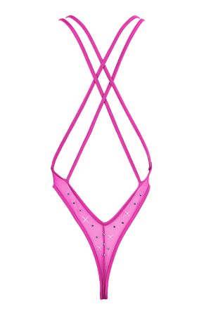 High Cut Bodysuit  SKINNY CRYSTAL  / Sexy Lingerie Sheer Mesh/ NEON PINK - EXES LINGERIE