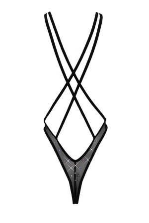 High Cut Bodysuit  SKINNY CRYSTAL  / Sexy Lingerie Sheer Mesh/ BLACK - EXES LINGERIE