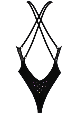 Sexy Criss Cross Halter Bodysuit with AB Crystals / BLACK MESH - EXES LINGERIE