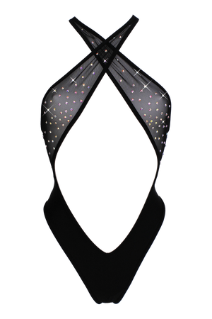 Sexy Criss Cross Halter Bodysuit with AB Crystals / BLACK MESH - EXES LINGERIE