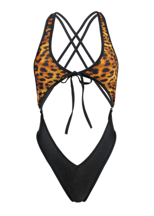 Cut-out Tie Front Color Block Swimsuit - Animal Print One Piece / SPICA SWIM - EXES LINGERIE