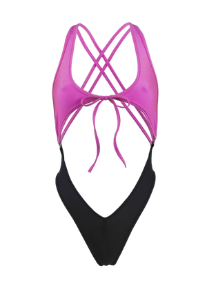 Cut-out Tie Front Swimsuit / SPICA SWIM BLACK-NEON PINK - EXES LINGERIE