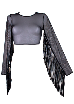 Crop Top Fringe Long Sleeve Mesh T-Shirt / Black Rave top - EXES LINGERIE